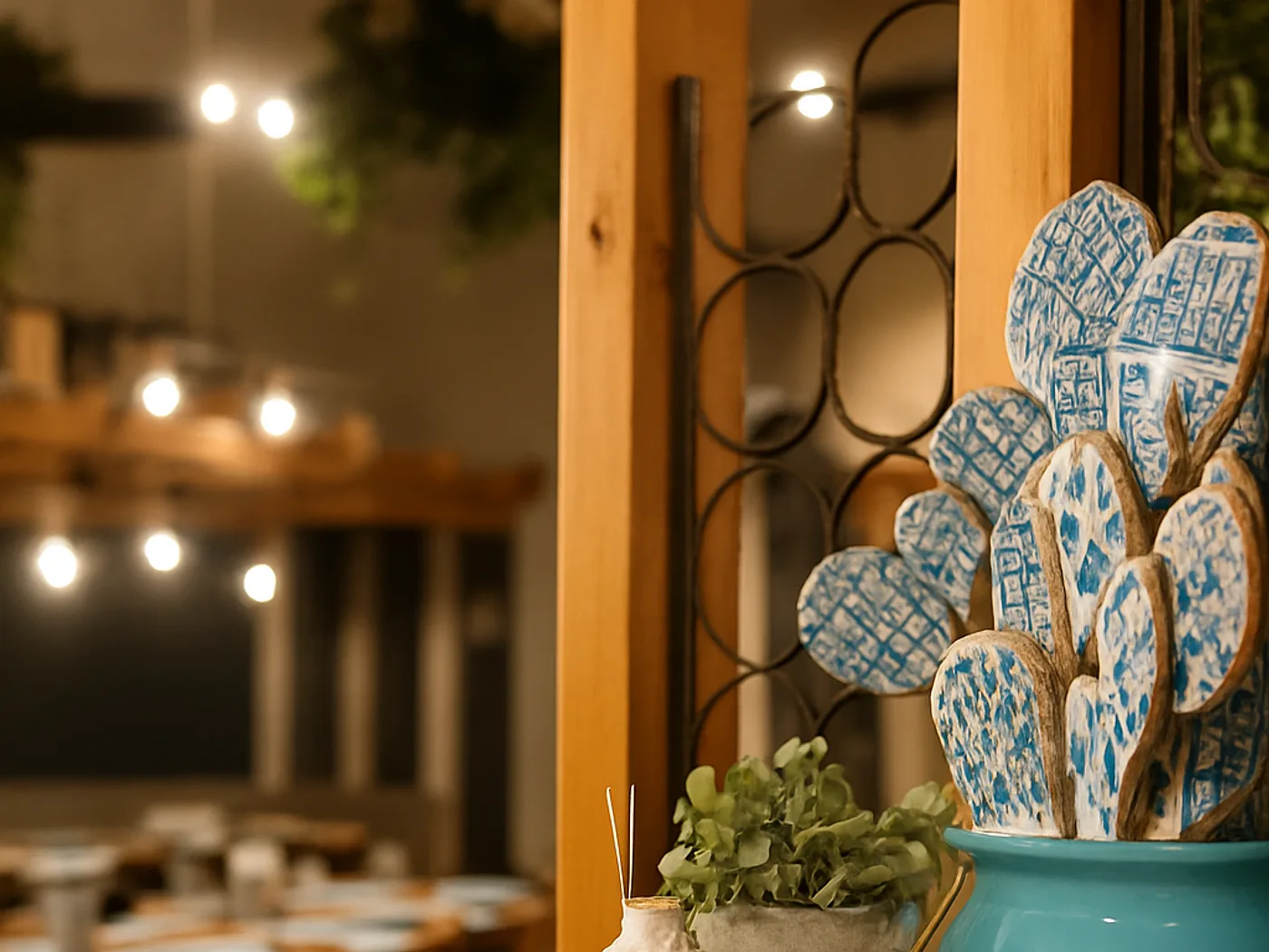 Dettaglio della sala di Pugliami con ceramiche pugliesi e tavoli in legno
