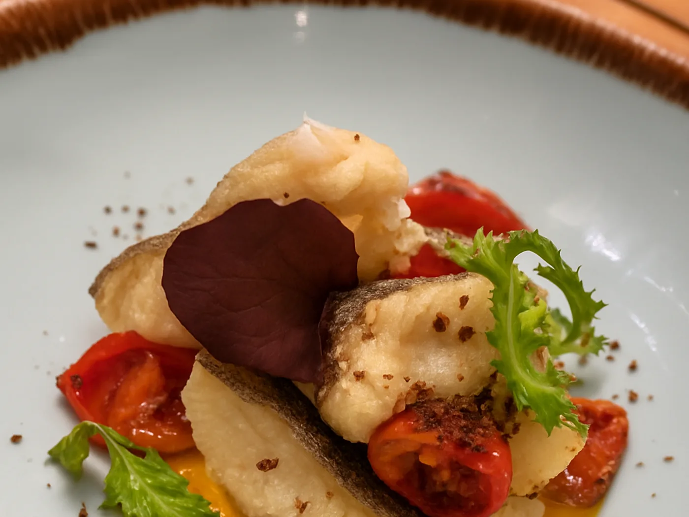 Filetto di pesce con pomodorini confit e verdure su piatto azzurro