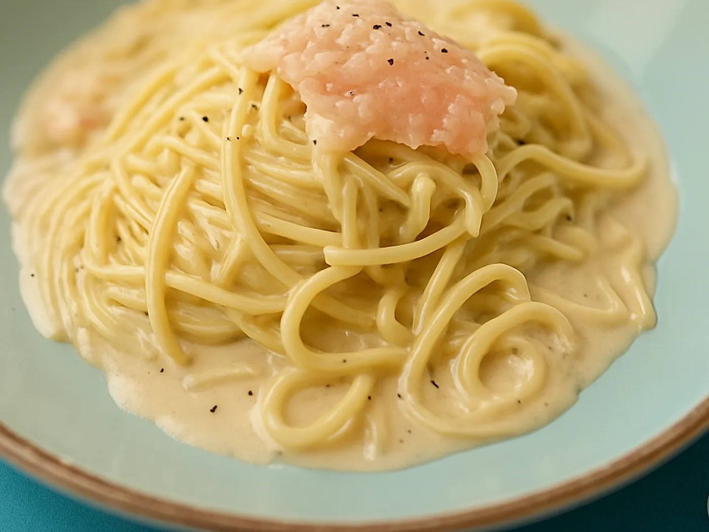Spaghettone mantecato con tartare di gambero rosa