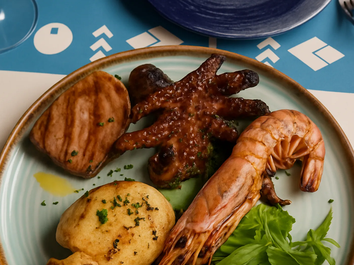 Piatto di mare con polpo, gambero rosso e insalatina