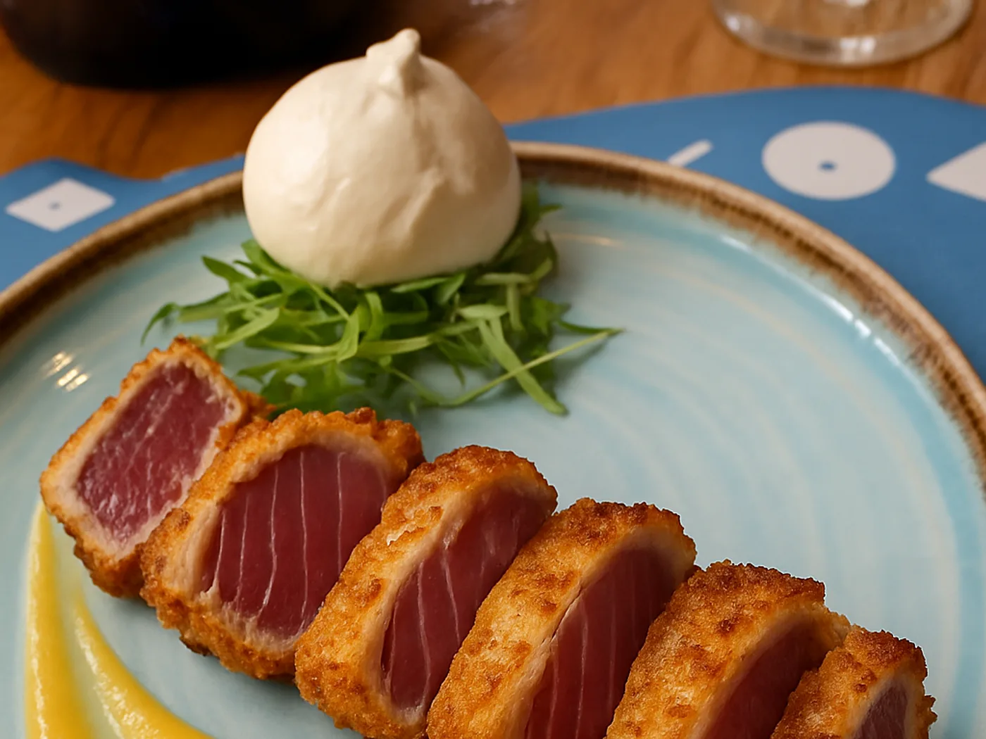 Tonno scottato con burrata e crema di datterino giallo