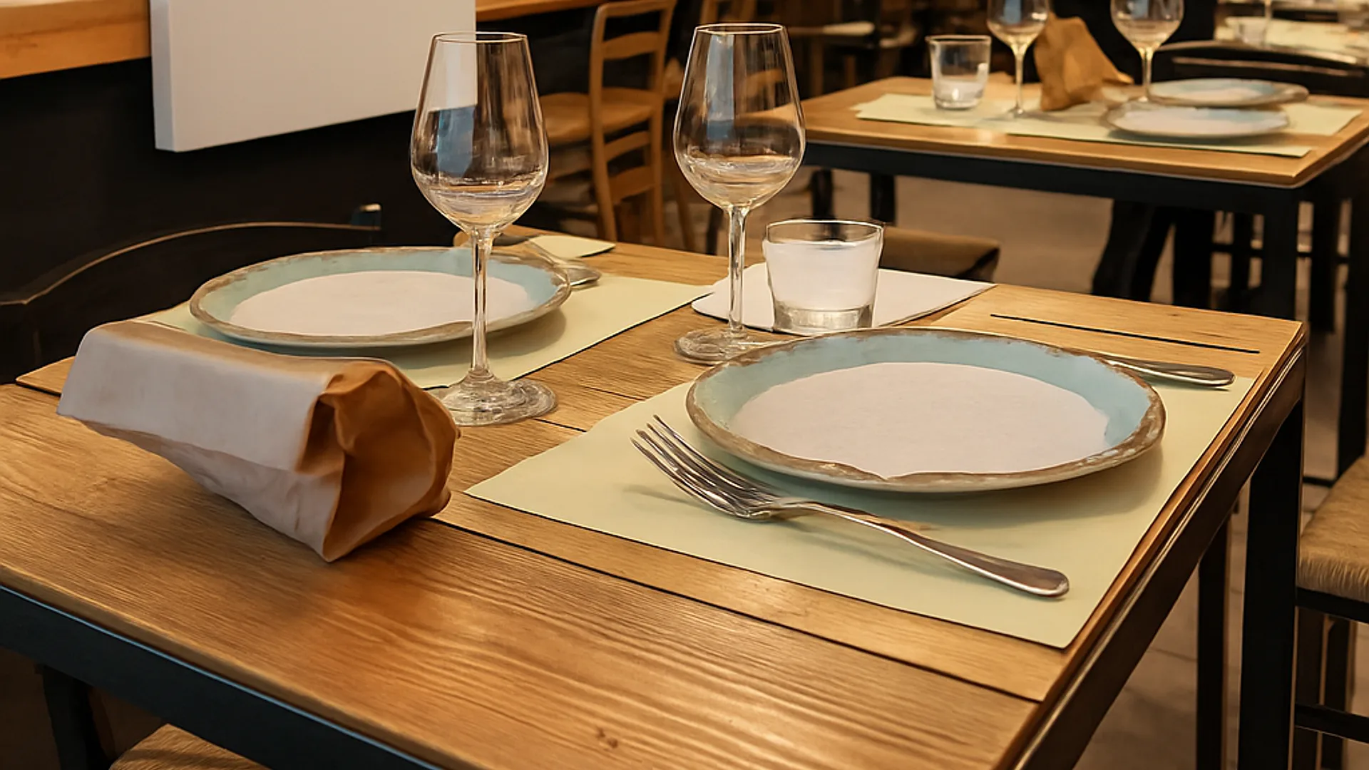 Sala di Pugliami nel borgo antico di Monopoli, tavoli in legno e piatti azzurri